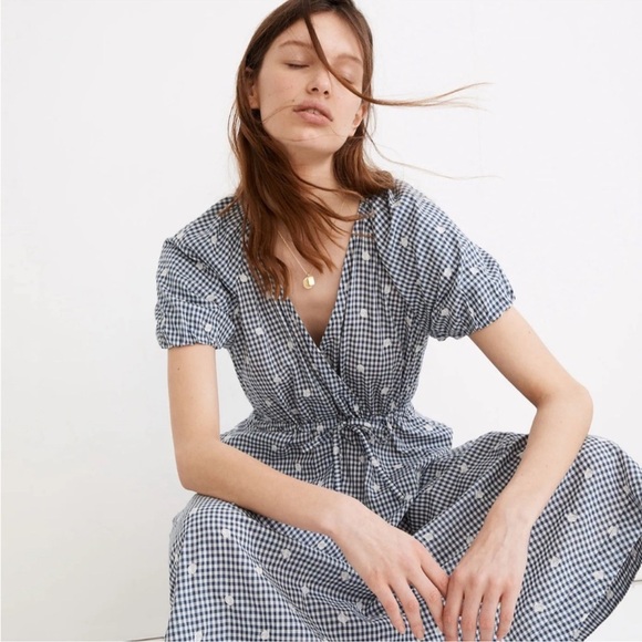 Madewell Faux Wrap Embroidered Gingham Check in preppy Navy Midi Dress Tie Waist - Picture 2 of 16